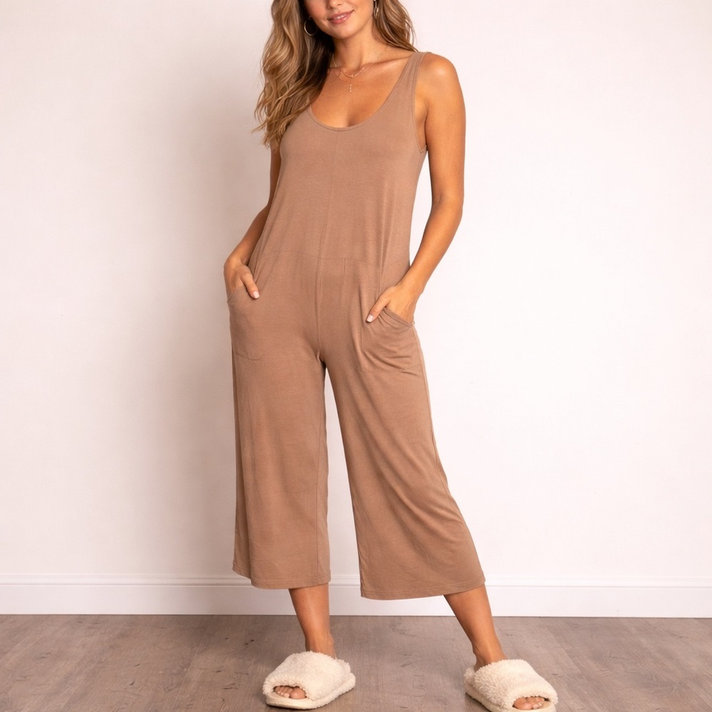 LOFT Sleeveless Wide-Leg Jumpsuit in Tan
